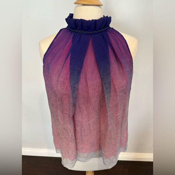 Elie Tahari Purple Printed 100% Silk Braided Neck Trim Sleeveless Halter Top Sma - Picture 1 of 8